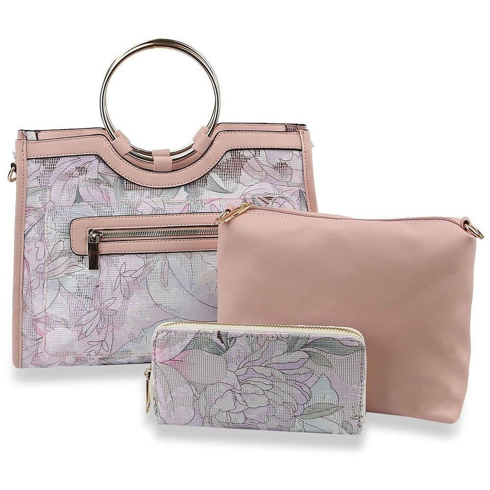 Women Floral Print Three Piece Mesh Tote Set Top Handle Satchel Handbags Tote